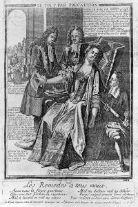 Les Remedes a tous maux, French bloodletting, Caricature of bloodletting, clysters, and use of cordials as vain remedies.