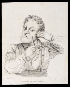 A man trying to shave himself with a blunt razor. Lithograph by William Green after M.W. Fry, ca. 1820