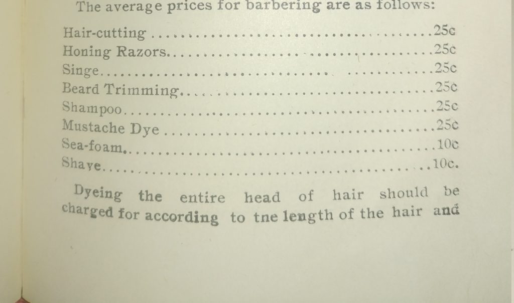 The barber price list from A.B Moler's instructional textbook.