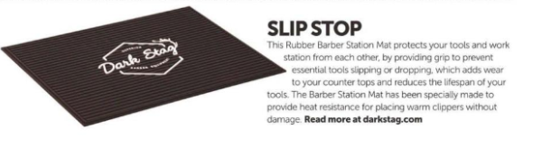 The Dark Stag Rubber Barber Station Mat featured in The Barber Magazine February 2019