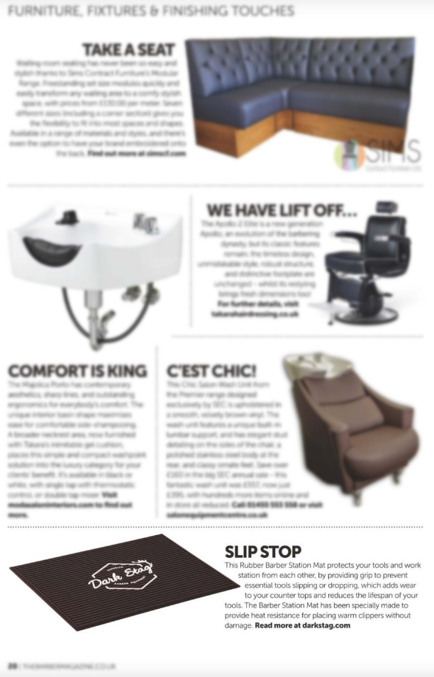 The Dark Stag Rubber Barber Station Mat featured in The Barber Magazine February 2019