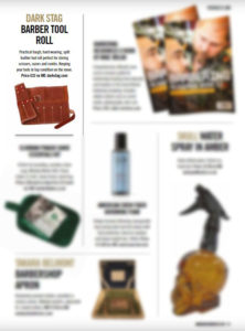 The Dark Stag Leather Barber Tool Roll featured in Modern Barber Magazine Jan-March edition 2